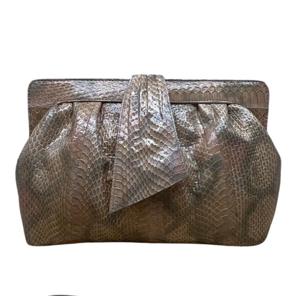 Vintage 80s J. Renee Beige Snake-Embossed Gold Accent Crossbody Clutch Bag Sz M - Picture 1 of 14